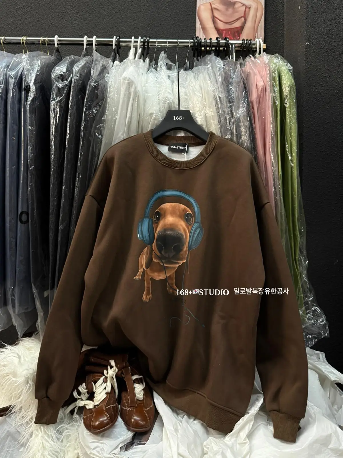 

Korean Sle round Ne Fce Lined Thiened Mid-Length Cartoon Dog Print Hoodie Women's Comfortable Loose Fit Long Sve ...
