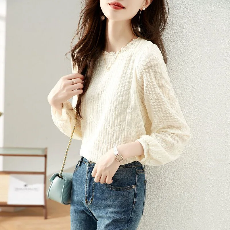 Spring Autumn Fashion Simple Lace Patchwork Slim Solid Basic T Shirt Women Casual O Neck Long Sleeve Pullover Top Female Clothes