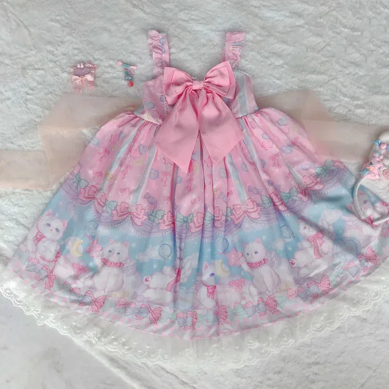 CyJapanese dulce Kawaii Jsk vestido de Lolita victoriano Vintage mujeres sin mangas Bowknot princesa vestidos de fiesta sueño gato estampado niñas