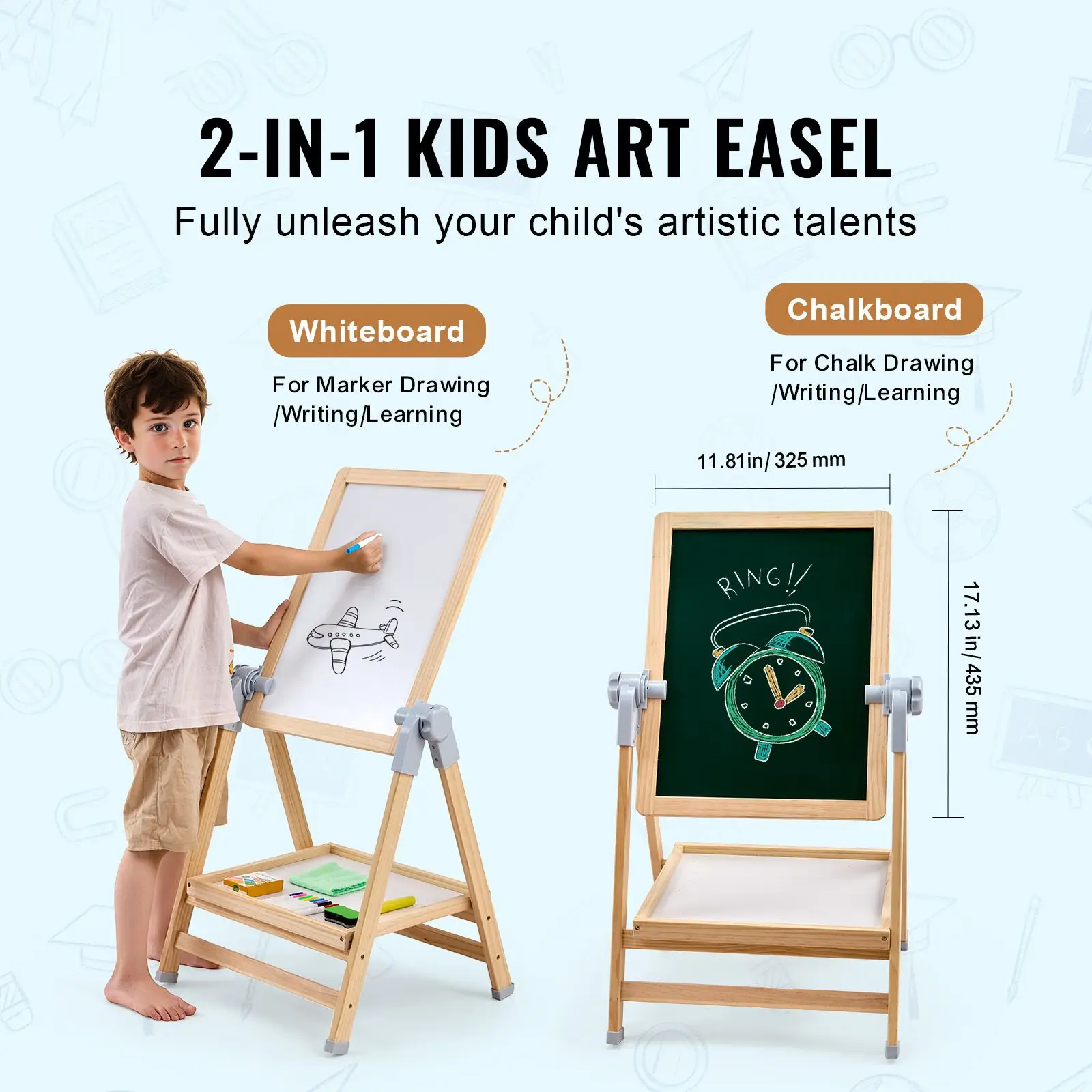 Art Easel for Kids, 2-in-1 Wooden Double-Sided with Magnetic Whiteboard & Chalkboard, Adjustable Standing Rotatable Foldable