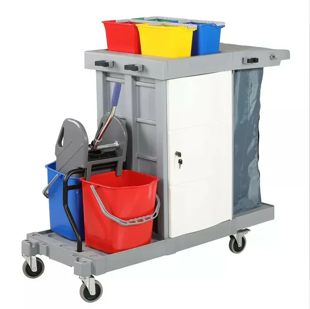 

China Factory Serving 3 Shelves Janitor Cart Cleaning Trolley Mop Floor Metal Cleaning Products