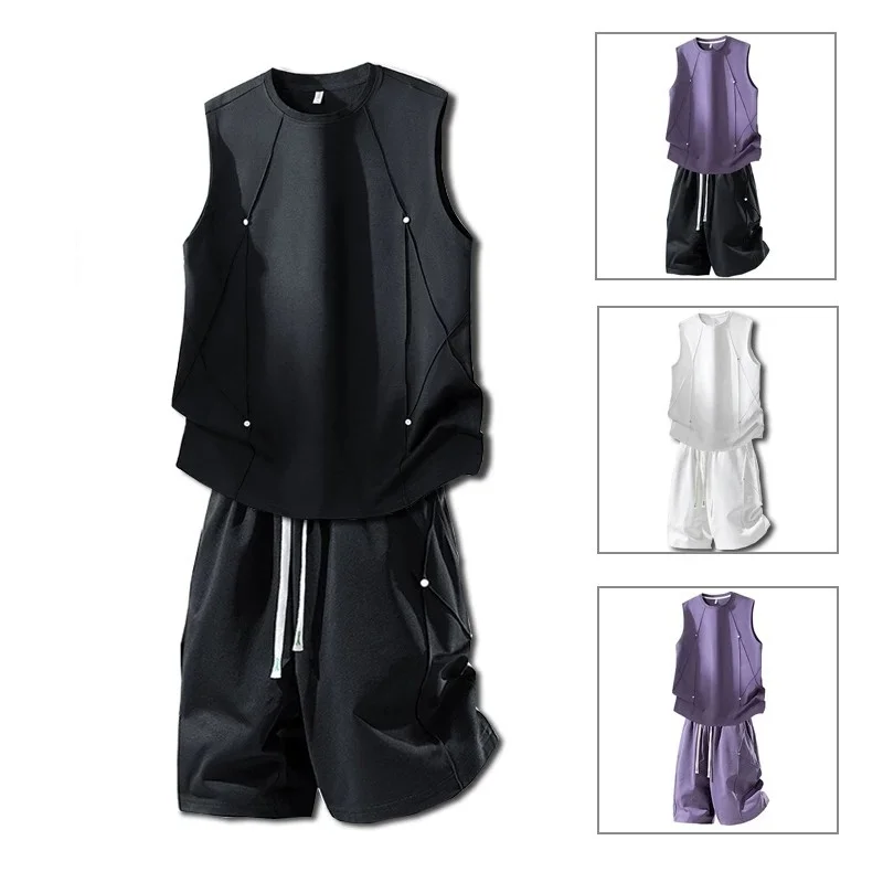Sleeveless suit men's 2026 summer youth cotton vest T-shirt five quarter pants solid color sportswear