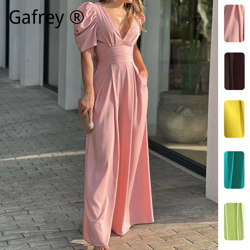 Women Fashionable Sexy Pleated High Waist Jumpsuit Ruched Flared Bell-Bottom Long Spring Party Club Date Night Elegant Outfit