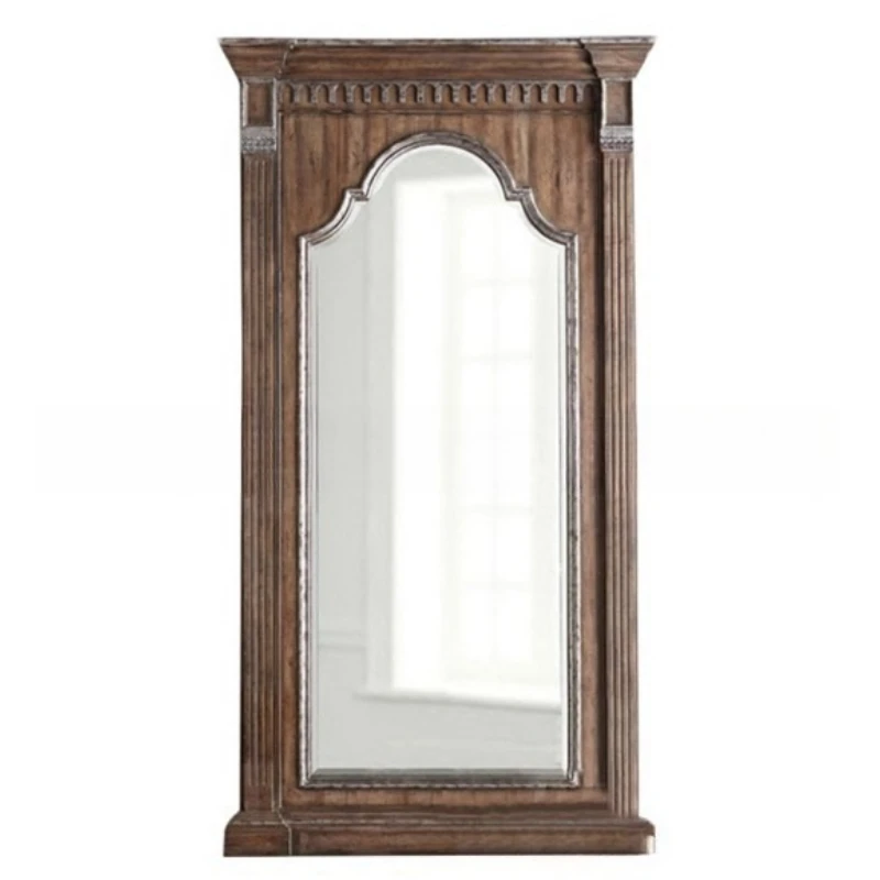 

American solid wood barber shop full-length mirror, retro carved log oak full-body floor mirror