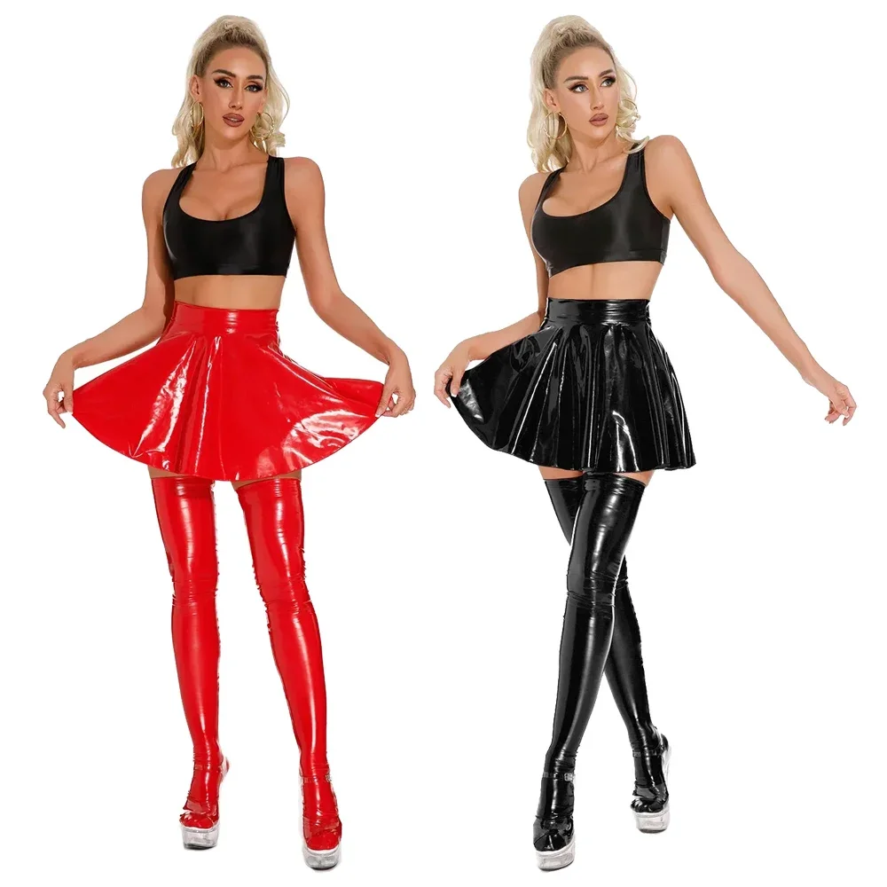 

Women Shiny Wet Look PVC Leather Skirt Pleated Short Dress Dance Party Clubwear Solid A-line Lingerie Seduction Erotic Nightwear