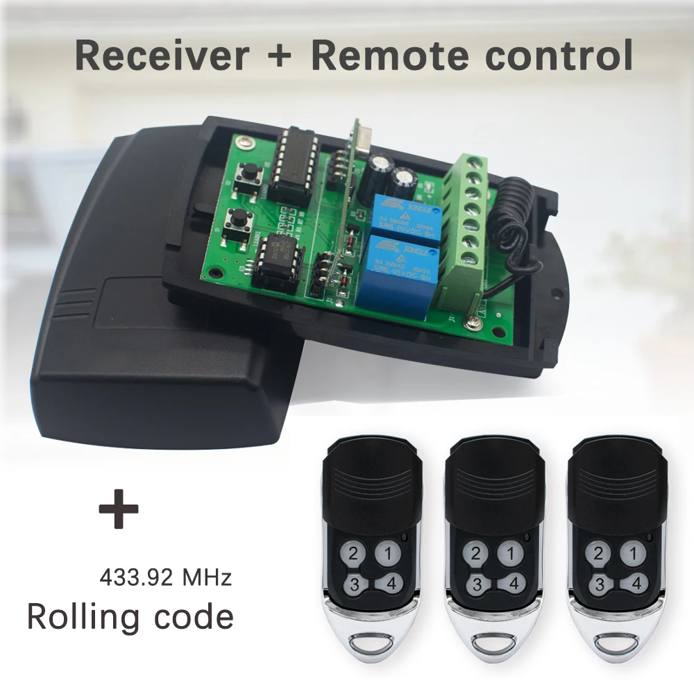 2CH 433.92MHz Garage Door Receiver DC12-24V Remote Control Switch Gate Barrier Controller With Rolling Code Remote Transmitter