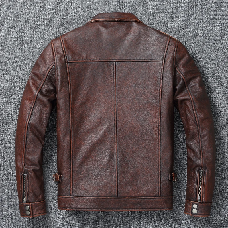 Genuine Leather Men\'s Retro Old-Fashioned Motorcycle Jacket Pure Head Layer Cowhide Slim-Fit lapel Coat Casual Trend