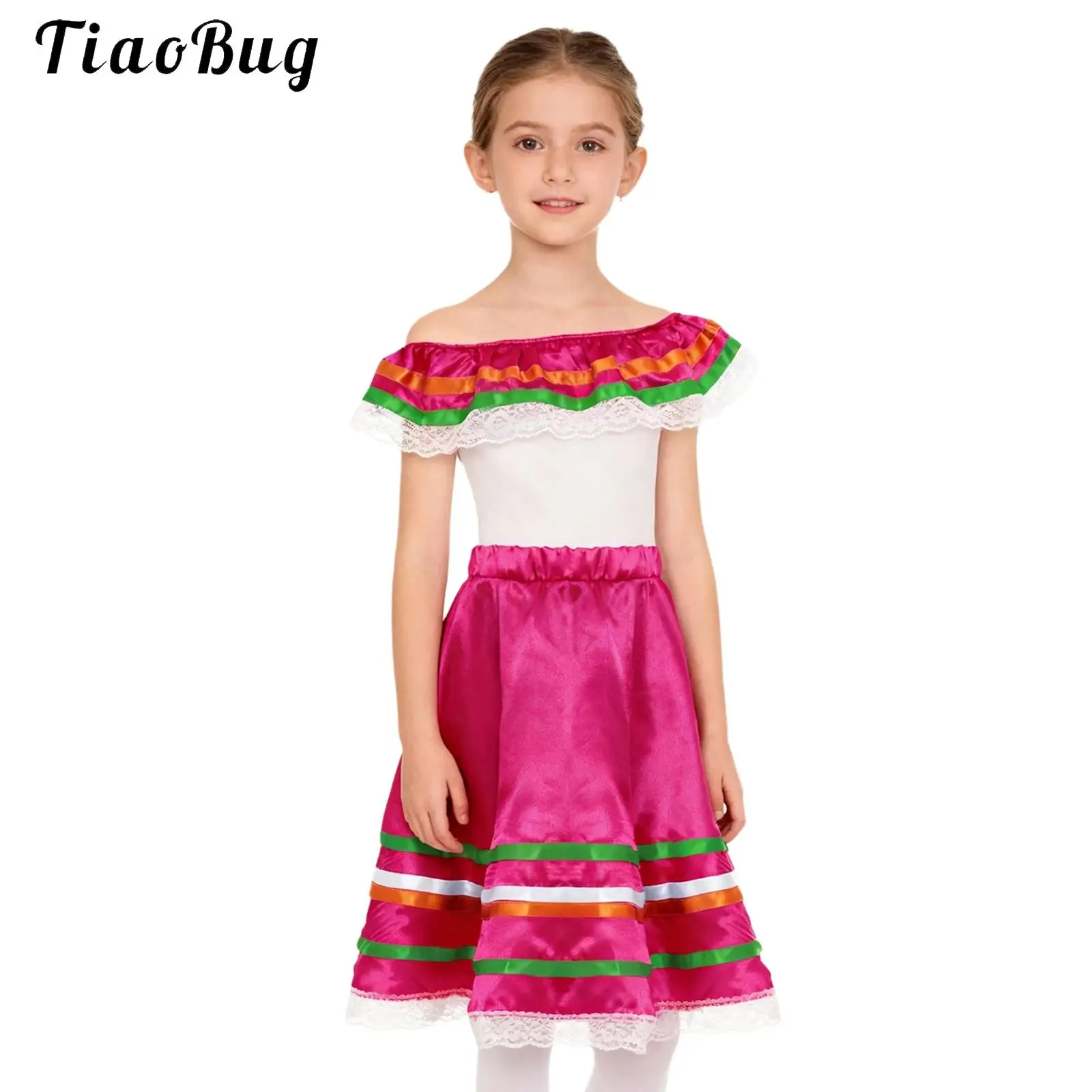 Vestido Mexicano para Niñas, Traje de Baile Flamenco Español, Top con Volantes y Hombros Descubiertos con Falda, para Actuaciones de Halloween