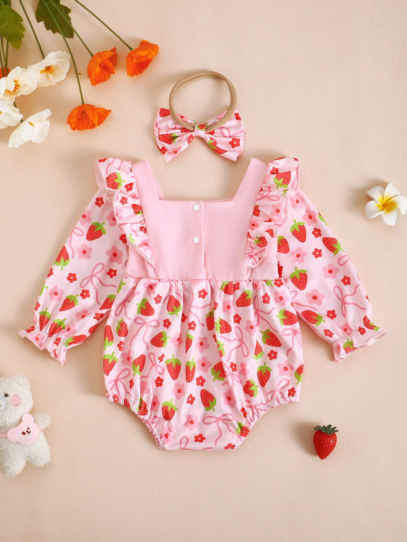 Spring Strawberry Pattern Baby Girl Romper with Long Sleeves And Triangle Design Headband Infant Clothing Set