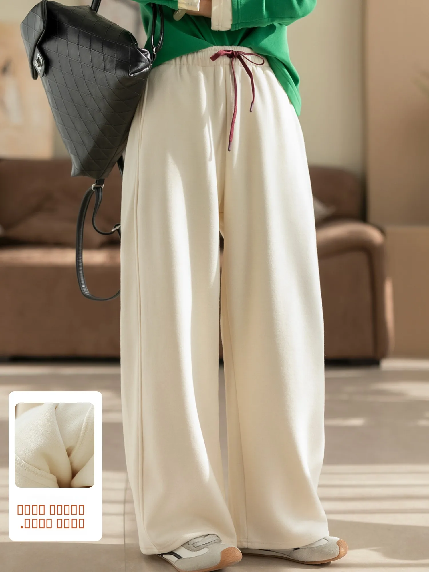 

High Waist Fce Lined Wool Casual Pants Women's Winter Faion Loose Straight Leg Trousers Spor Wide Leg Pants