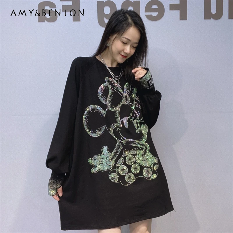 

New Loose Soft Comfortable T-shirts Women's O-Neck Raglan Sleeves Rhinestone Tees Women's Long Sleeved Top Autumn Winter Clothes