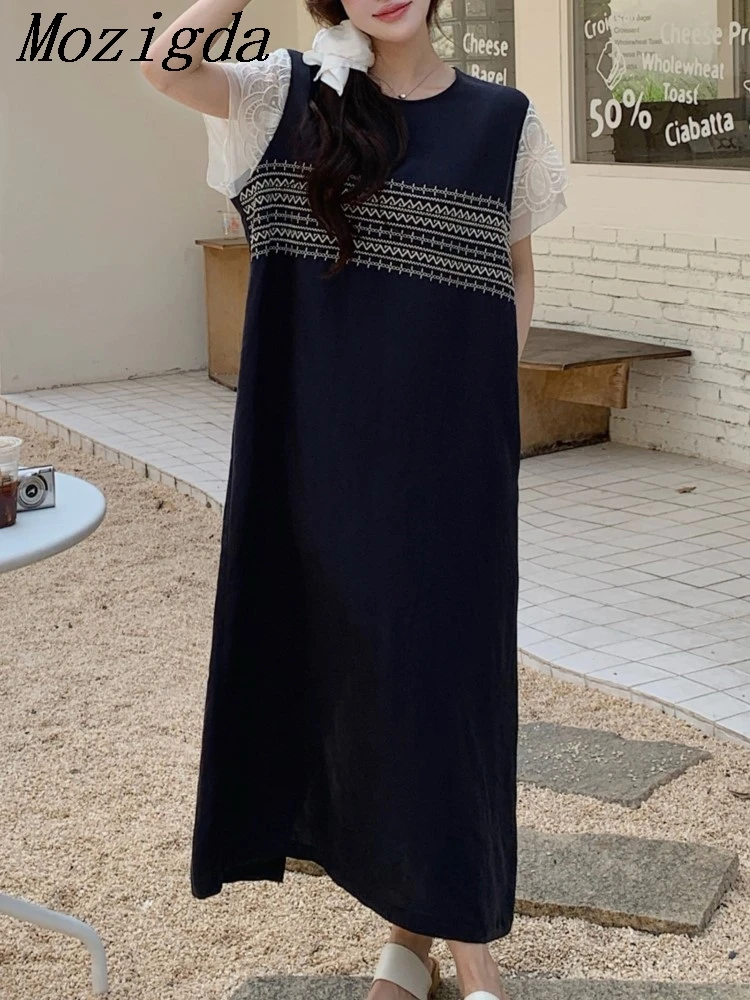 

Summer OverSize Lace Women's Dress Loose Lace Patchwork Long Dresses Robe Elbise Short Sleeve Korean Style Vestidos