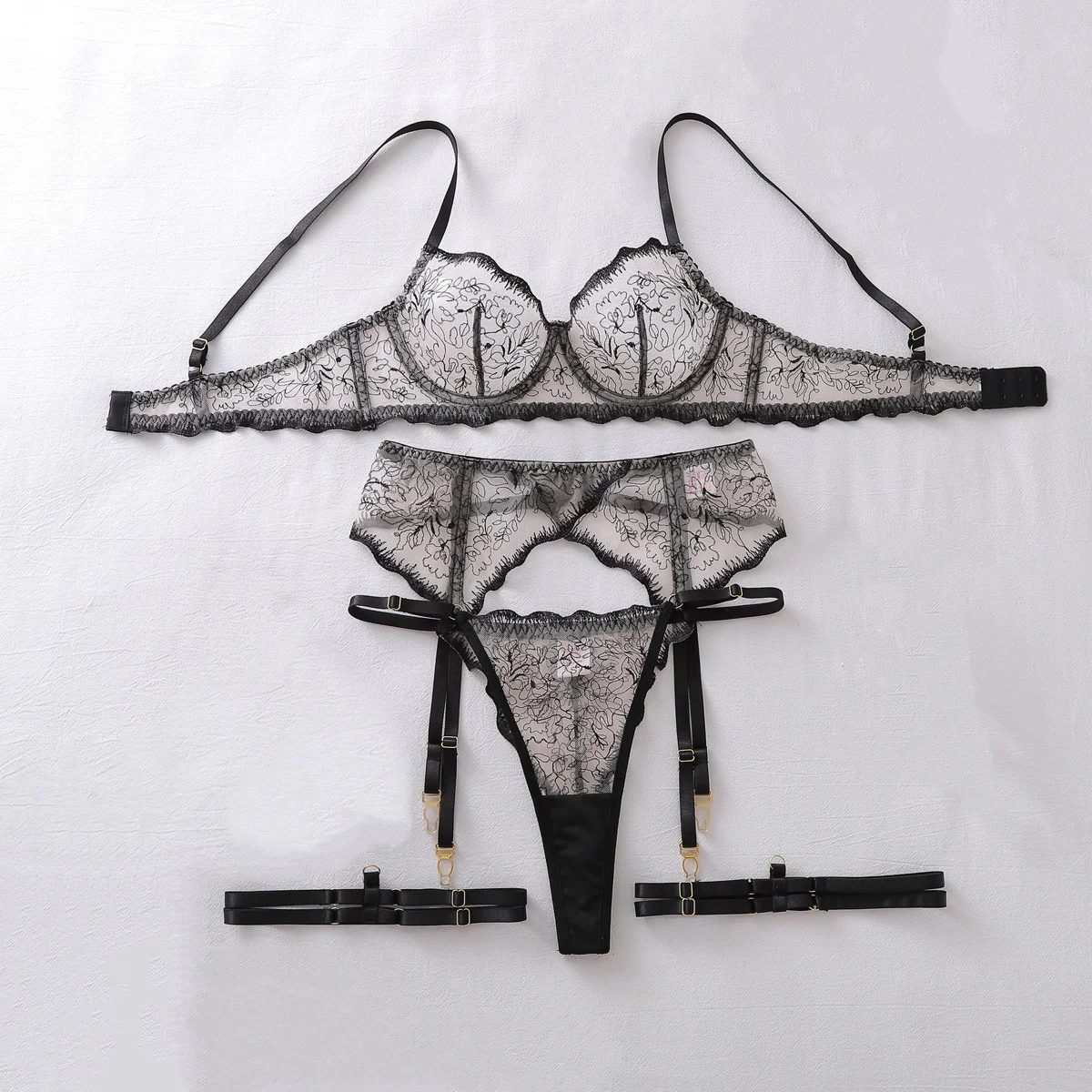 

High Quality Perspective Embroidery Lingerie Suit Women Sexy Shaping Slim Underwear Split Set Female See Through Exotic Bra Sets