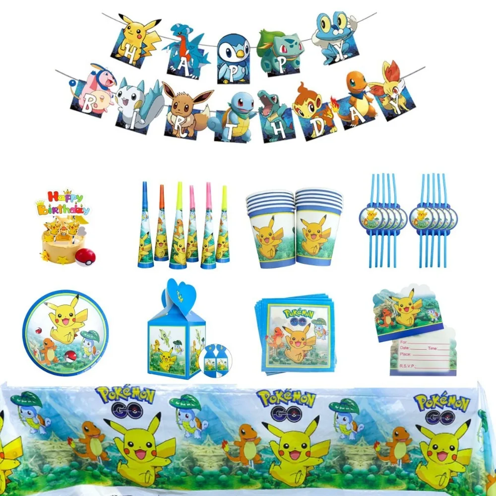 Pikachu Geburtstagsparty-Zubehör Pappteller Becher Servietten Banner Mädchen Jungen Kinder Geburtstagsdekoration Themenparty-Set