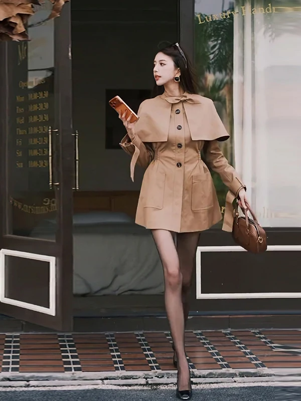 

Autumn New Arrival Korean Sle Women's Long Coat Two-Piece Set Detachable Waist-Cinching Cloak Windbreaker Mid-Length Jaet