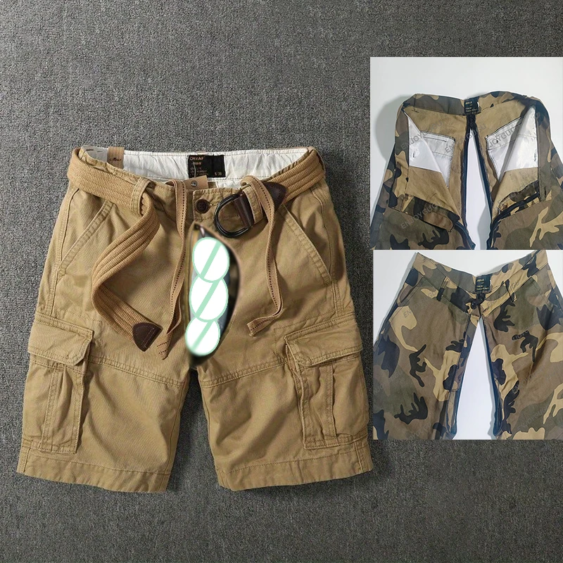 Summer Outdoor Sex Open Crotch Erotic Casual Pants Vintage Jeans Men Loose Multi-Pocket Sport Camouflage Cargo Shorts Sweatpants