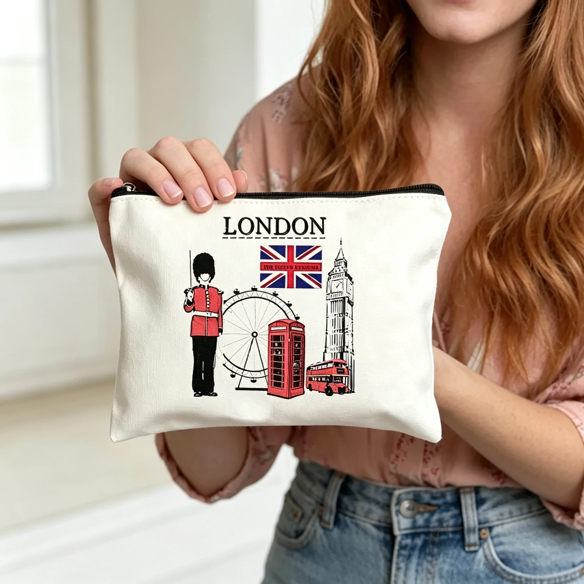 2D Printed London Landmarks Cosmetic Bag, Canvas Makeup Pouch, Portable Travel Toiletry Zipper Storage Bag for Women