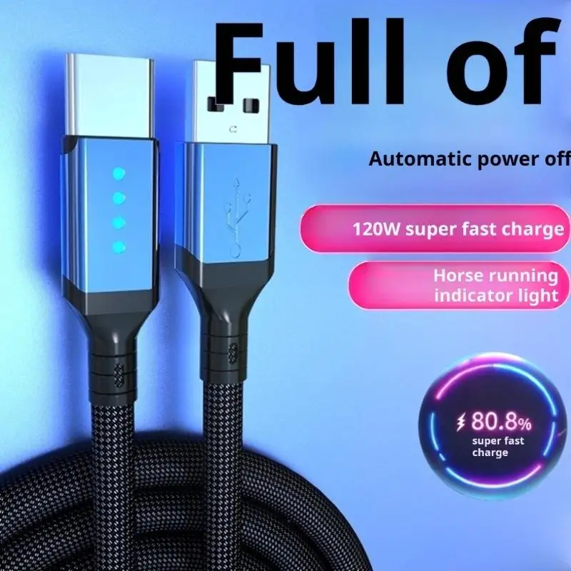 Fast Charging USB to Type C Cable with Intelligent Auto Power off and Colorful LED Light for Phones Tablets Laptops F19E