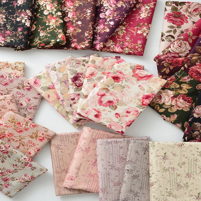 Rose Fabric Retro Flower Cotton Digital Printing for Sewing Dress Clothes DIY Handmade by Half Meter