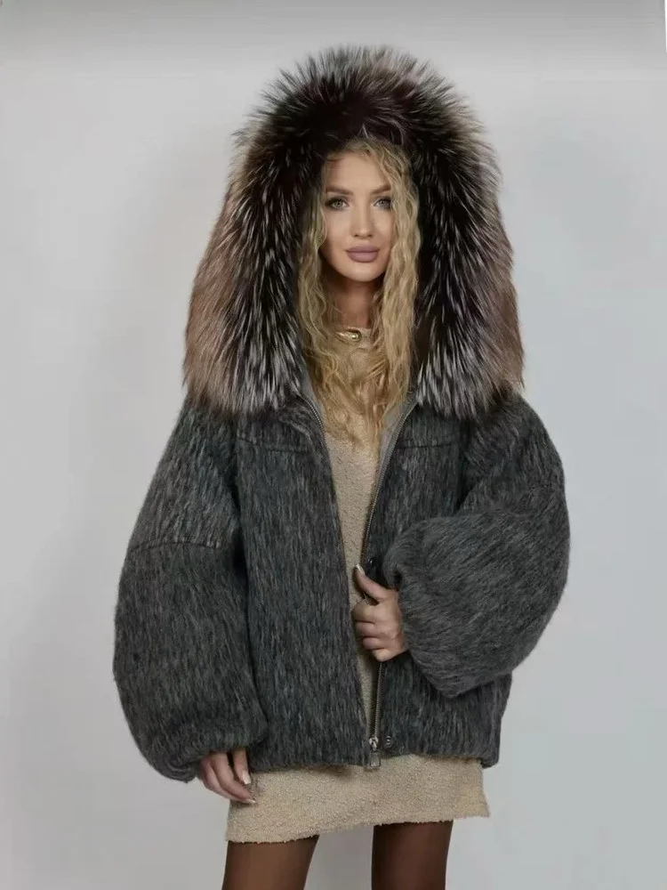 معطف نسائي بياقة من الفرو من القماش الصوفي من Goose Down Puffer Jaet ort Thiened مع قبعة وياقة من الفرو #2