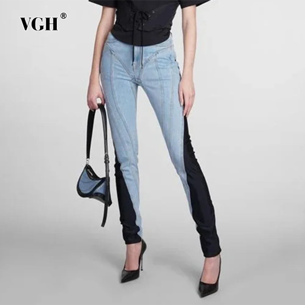 VGH Colorblock Patchwork Botton Casual Denim Trousers For Women High Waist Slimming Pencil Pants Female Clothing Fashion Style