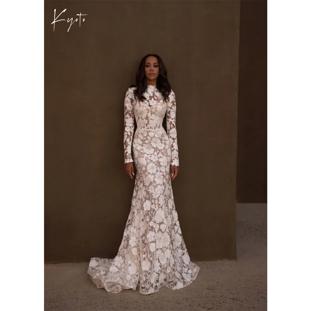 

Kyoto Customized Ivory High Neck Lace Appliques Wedding Dress Long Sleeves Mermaid vestidos de noche Sweep Train Formal Evening