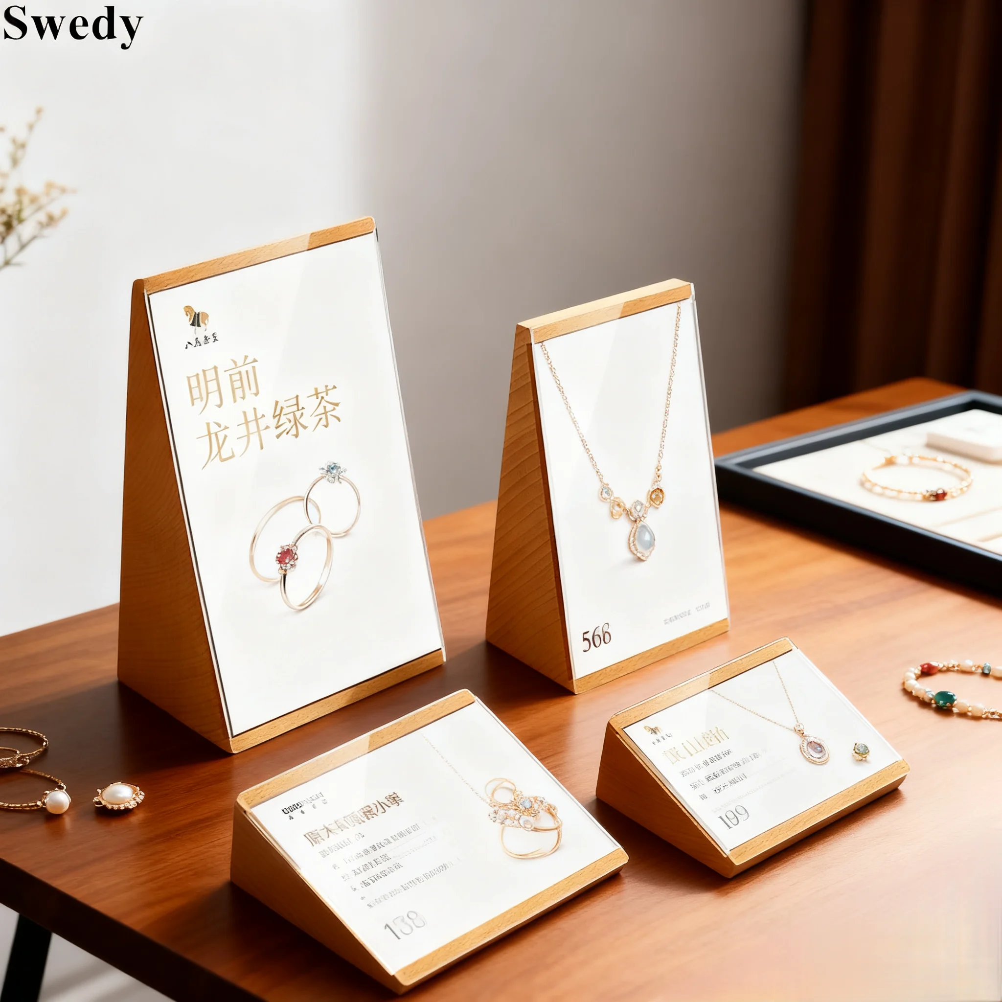 90x55mm Slant Wood Price Label Paper Tags Table Number Menu Paper Name Card Holder Acrylic Sign Holder Display Stand