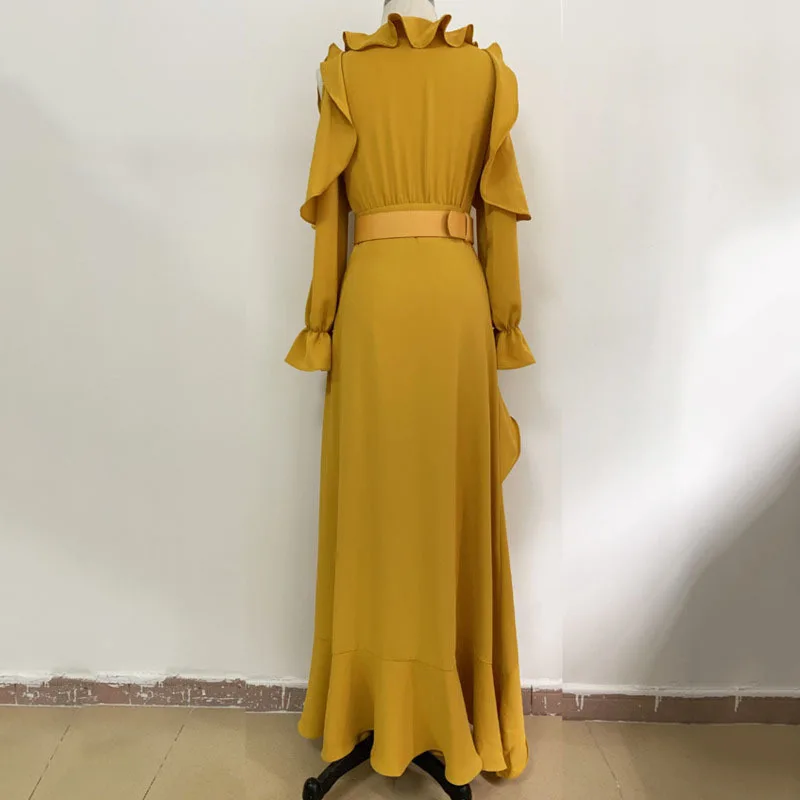 HKSH Summer New Women Elegant High Street Stylish Off Shoulder Long Sleeved Irregular Ruffles Waist Cinching Gown Dresses HK7103