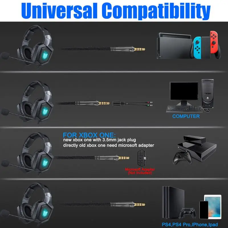 سماعات رأس للألعاب إلغاء الضوضاء RGB ، سماعة رأس سلكية ، سماعات أذن للهاتف الخلوي الأسود ، كمبيوتر ، كمبيوتر لوحي ،