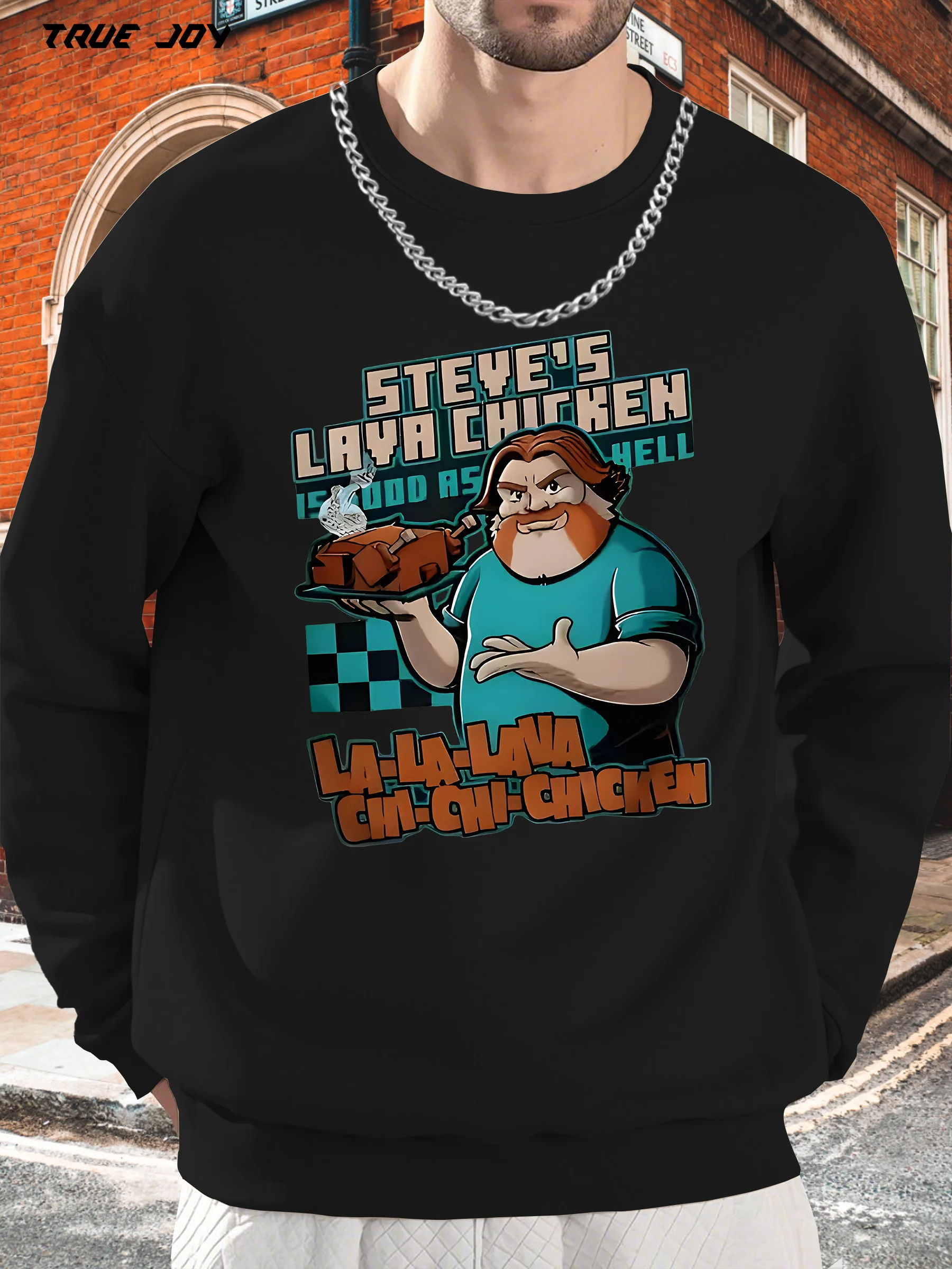 

Мужская повседневная толстовка с круглым вырезом и длинными рукавами с мультяшным дизайном шеф-повара — принт «Steve'S Layla Chicken», свободный крой