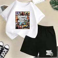Casual Theft Auto GTA 5 Printed Children Short Sleeve O Neck T-shirt + Shorts 2pcs Set Kids Boy Girl Fashion Clothing Outfits