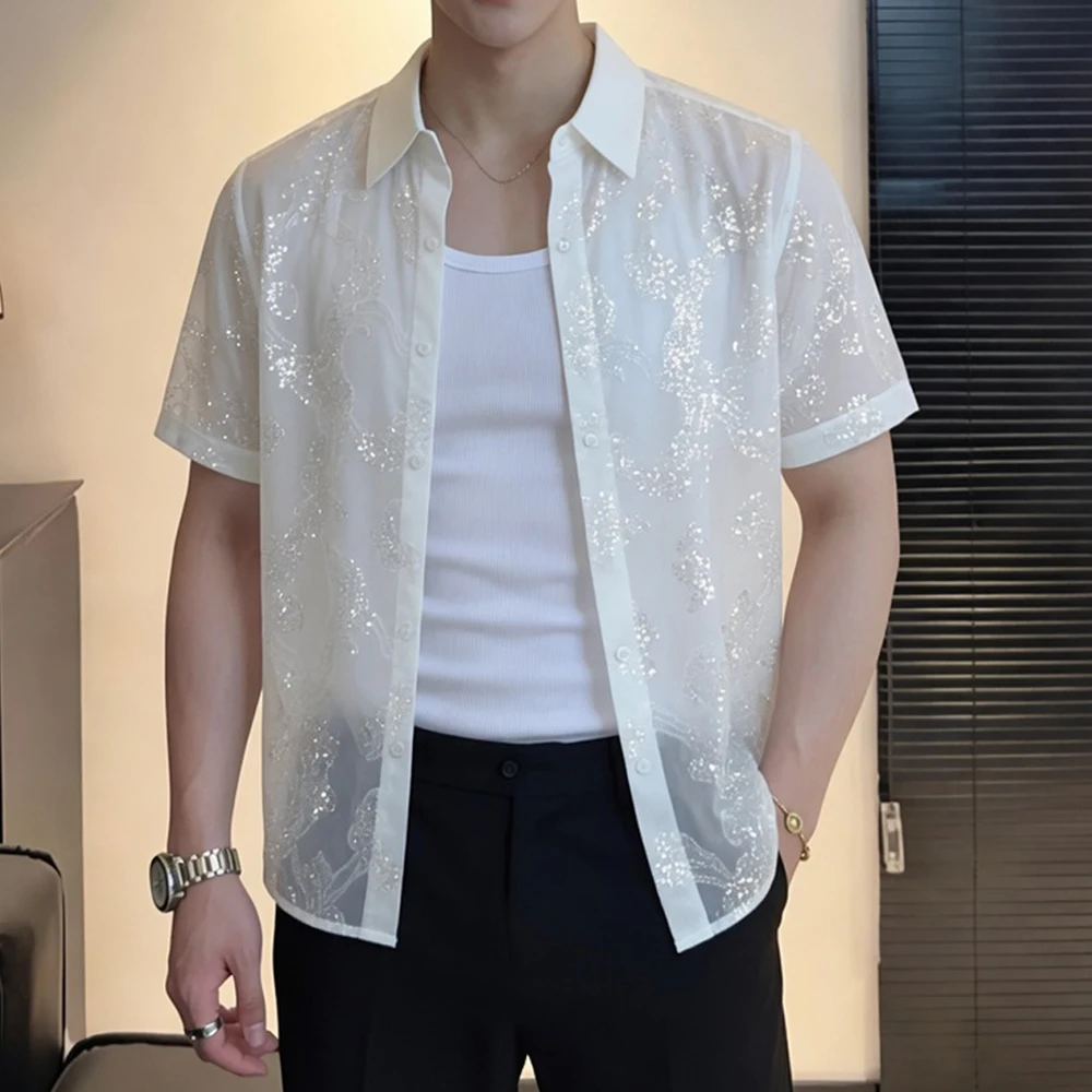 Summer Lace See-through Blouses for Man Sexy Sequin Short Sleeved Button Men's Shirts Club Prom Stage Performance Men Shirt Coat