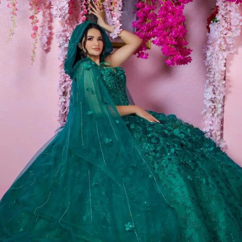 

Customized Emerald Green Floral Quinceanera Dress Ball Gown Applique Beading Cape Sweet 16 Vestidos De 15 Años