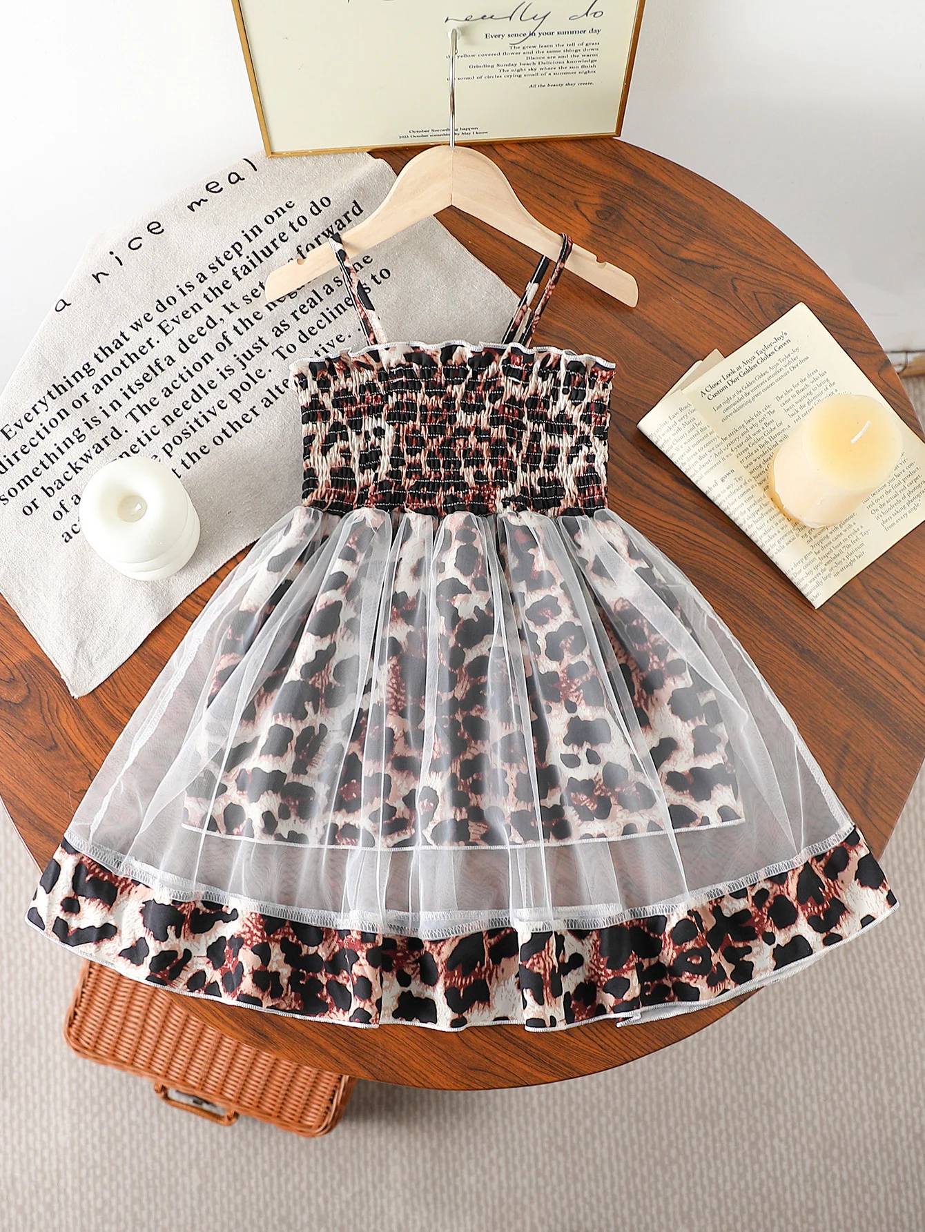 Girls' Summer Dress with Brown Leopard Print and Mesh Patchwork, Spaghetti Strap Dress with Gathered Chest Design, Little Girl's Summer Beach Vacation Dress