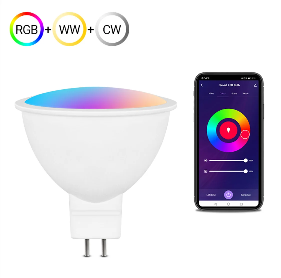 

Smart MR16 LED Bulb - RGBCW Color Changing, 2.4G WiFi App/Voice Control, Alexa & Google Compatible, Dimmable, Music Sync