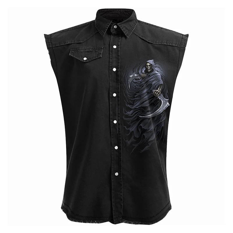 Men\'s Denim Blouse Retro 3D Skull Graphic Print Sleeveless Shirt Fashion Pocket Decor Turn-down Button Sleeveless Shirt
