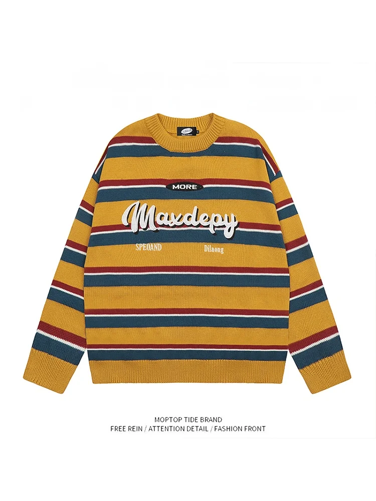 

Американский ретро полосатый свитер с вышивкой букв, осенний свободный повседневный вязаный молодежный свитер Vitali Sle Long Sve round Ne
