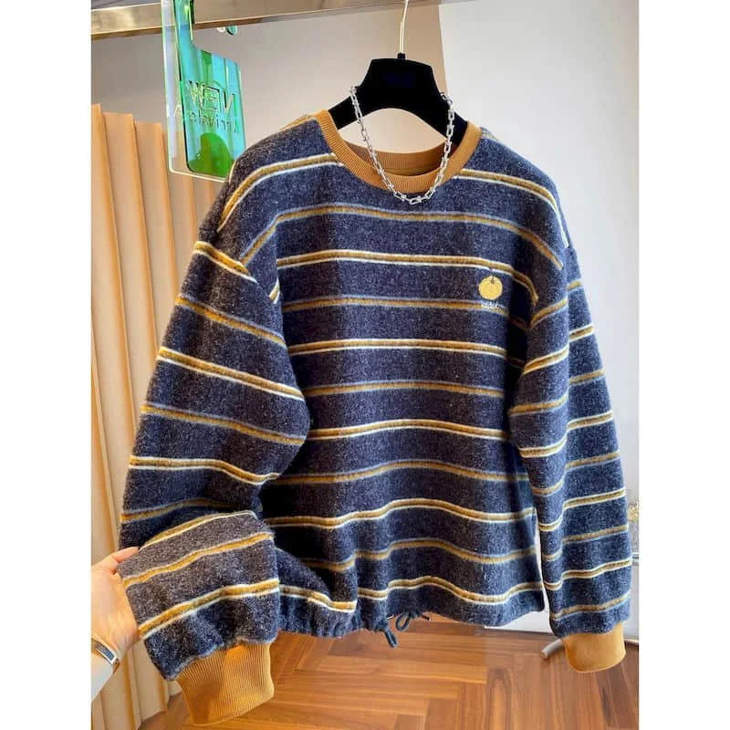 Brushed T-shirts Stripe Design Oversized Tops Casual Korean Style Long Sleeve O-neck Sweatshirt 2026 Autumn Winter Women Clothes