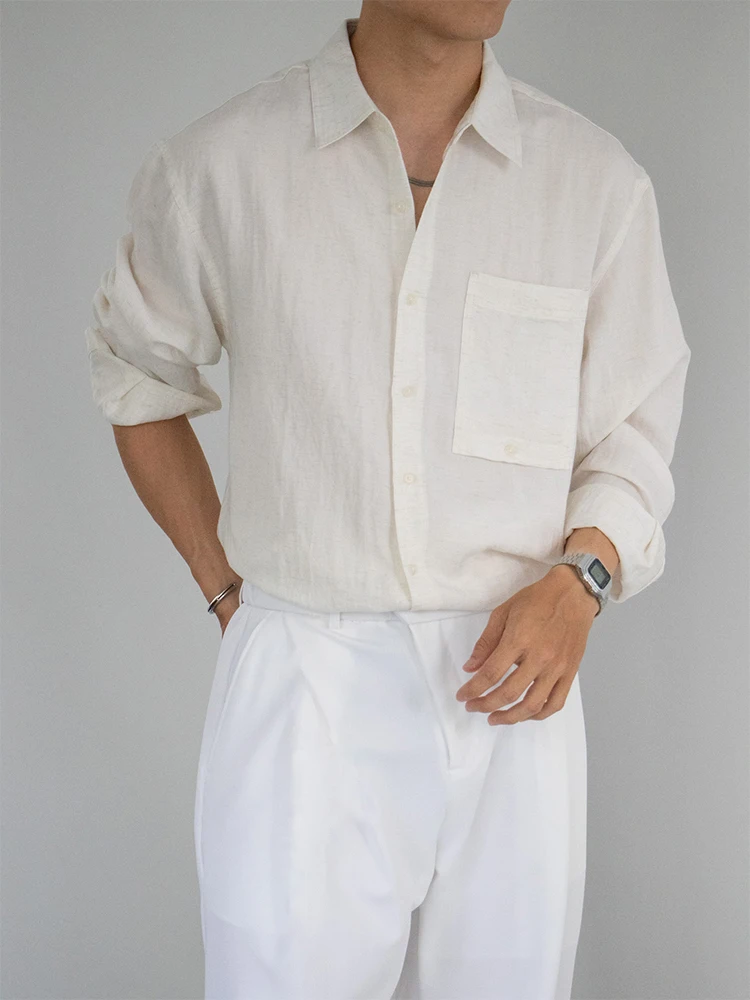 

Autumn 2025 Men's Loose Fit Long Sve irt with Square ket Imitation Linen Casual Pure Color Jaet Retro Japanese Sle