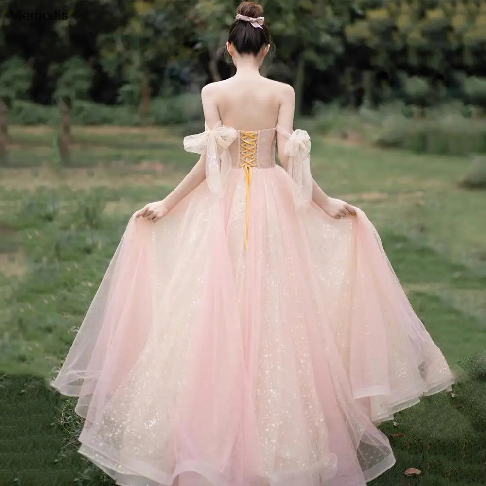 فستان حفلة موسيقية وردي على شكل حرف A لامع على شكل قلب وأربطة فستان حفلات بأكمام منتفخة قابلة للفصل فستان سهرة فيستدو دي نوش #2