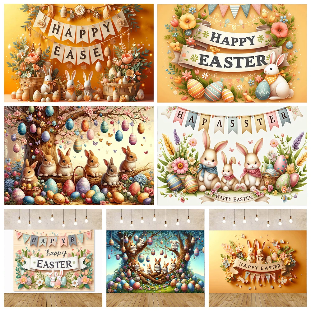 

Happy Easter Photography Backdrop Spring Yellow Rabbit Bunny Eggs Wooden Board Baby Shower Kids Portrait Decor Background