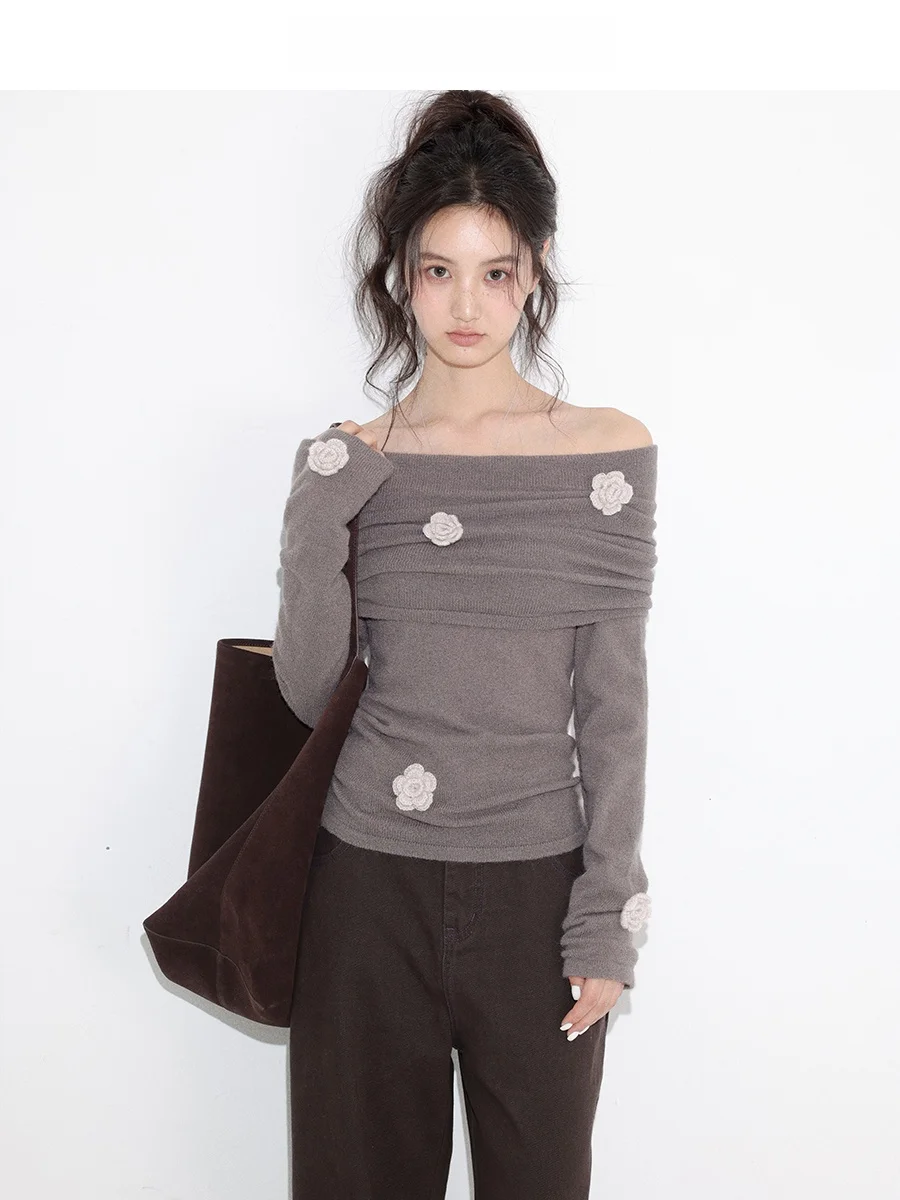 

Chachastu Simple Design Flower One oulder Knitted Sweater Women Early Autumn Long Sve oulder Exposure Top