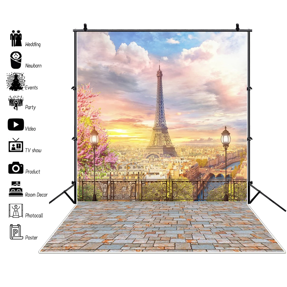 Laeacco-fondos fotográficos personalizados para estudio fotográfico, linternas de París, Torre Eiffel, nubes, plataforma de visión