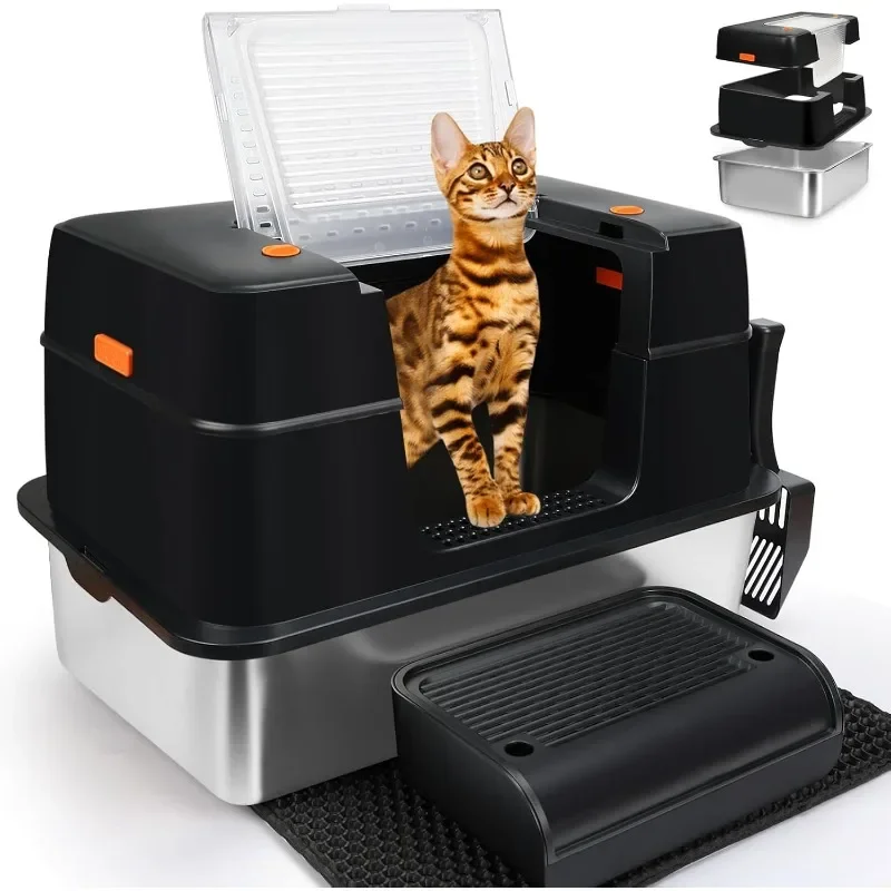 

Stainless Steel Litter Box with Lid, Cat Litter Box Easy To Clean and NO Absorb Odor, Extra Large Litter Box with Open/Enclosed
