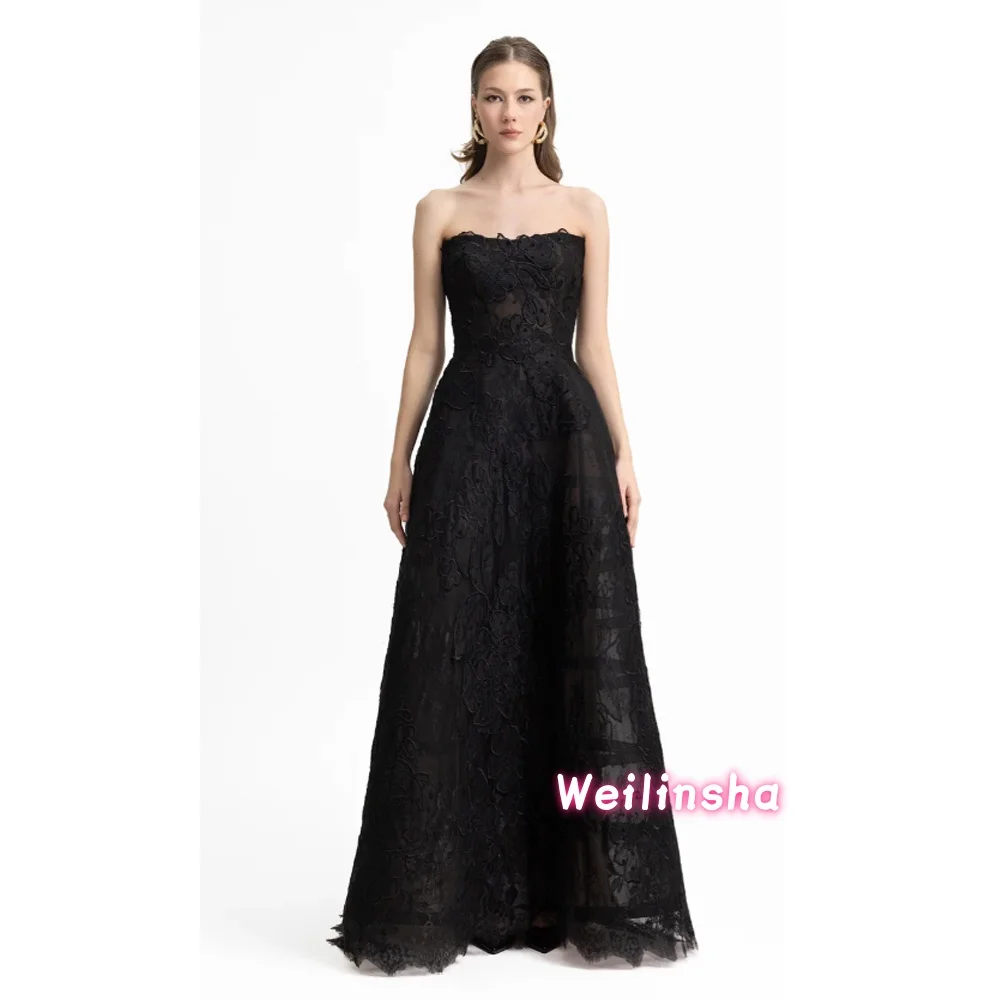 

Arabic Customized Lace A Line Evening Dress Customized Black Strapless Prom Dresses Floor Length Classic Party Gown فساتين سهرة