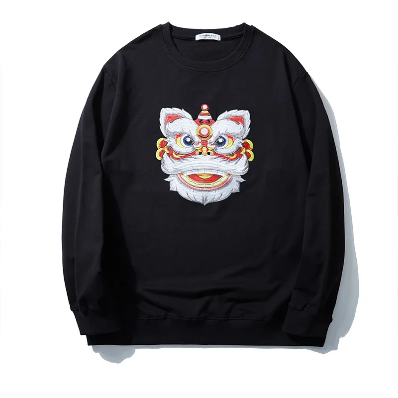 

Large Loose Hoodie Chinese lion Dance Embroidered Sweater Men's Fall Fashion Street Leisure Coat Plus Skateboarding Hoodies