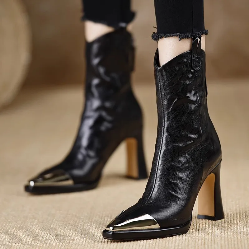 

Metal Toe Ankle Boots European and American Style Pointed Toe Chunky Heel Leather Boots High Heels Women's Elegant Boots