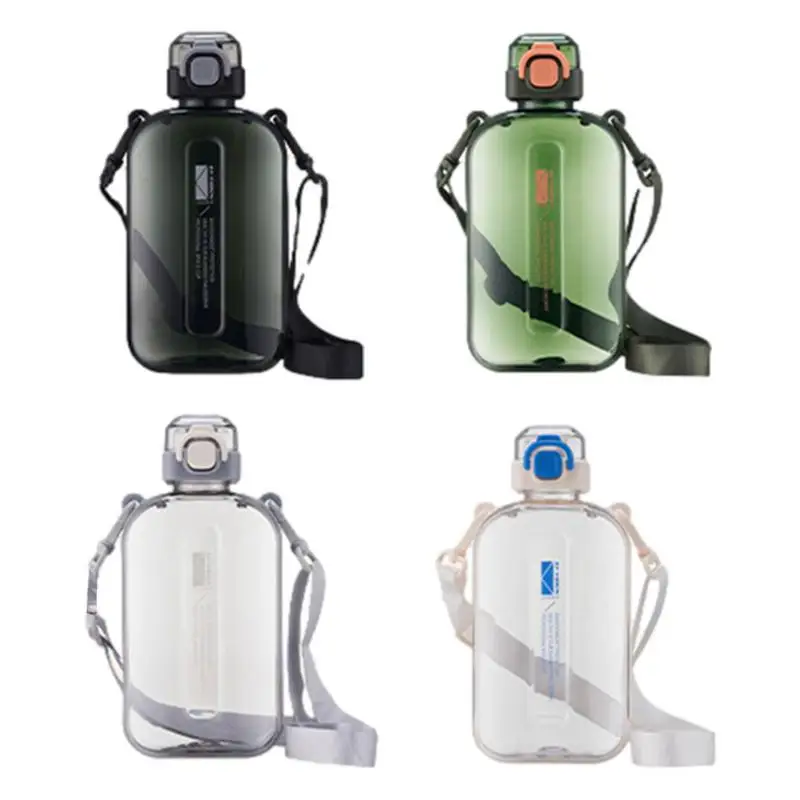 NEW 750ml Flat Square Sports Water Bottle Transparent Travel Cup Kettle Portable Outdoor Drinking Bottle With Adjustable Strap