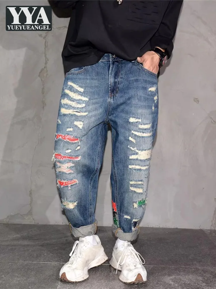 

Mens Vintage Personality Hole Ripped Patchwork Harem Denim Pants Streetwear Hip Hop New Spring Summer Fashion Casual Mens Jeans