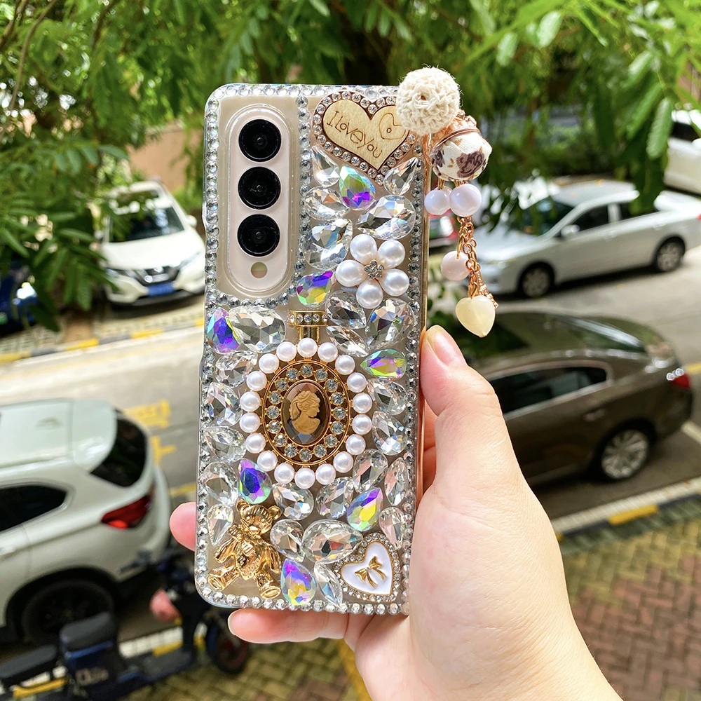 

Rhinestone Pearl Relief Goddess Portrait Phone Case For Samsung Galaxy Z Fold 6 5 4 3 2 Diamond Crystal Love Heart Bear PC Cover